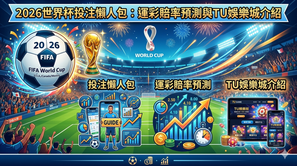 這是一張為「2026世界杯投注懶人包」設計的SEO文章縮圖，畫面整合了足球賽事、運彩賠率數據分析以及TU娛樂城平台介紹。 設計風格專業且具備現代感，採用繁體中文清晰呈現主題，旨在吸引對世界杯賽事投注感興趣的讀者點擊閱讀。