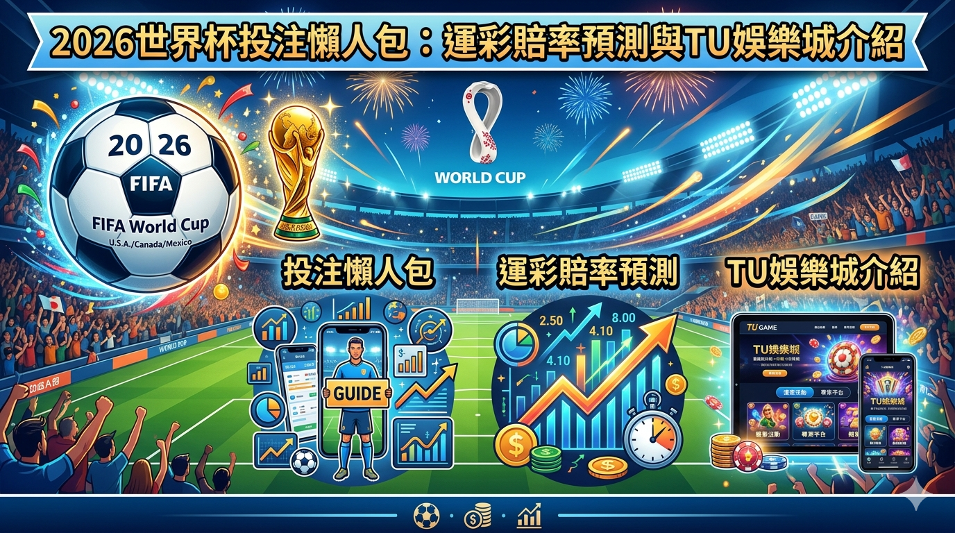 這是一張為「2026世界杯投注懶人包」設計的SEO文章縮圖，畫面整合了足球賽事、運彩賠率數據分析以及TU娛樂城平台介紹。 設計風格專業且具備現代感，採用繁體中文清晰呈現主題，旨在吸引對世界杯賽事投注感興趣的讀者點擊閱讀。